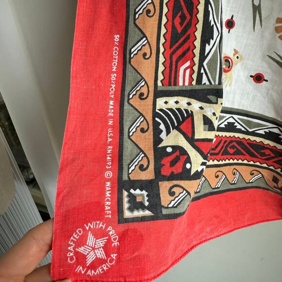 Vintage Southwestern Bandana Red Border Cotton USA 21" - Picture 3 of 5